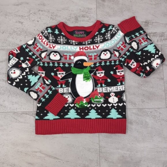 Urban Heritage Ugly Christmas Sweater Sequin Penguin Fair Isle Festive Holiday - Picture 2 of 10